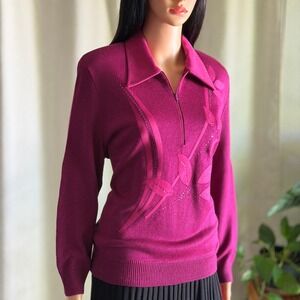 Vtg 90s Philippe Marques Magenta Floral Applique 1/4 Zip Knit Sweater 14 L Twee
